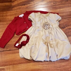 Janie and Jack NWOT 12-18 month gold sateen bubble dress, red cardigan, headband